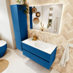 Mondiaz VICA ensemble de meuble de salle de bain - 100cm - meuble sous-vasque jeans - 2 tiroirs - lavabo moon droite - 1 trou de robinet - version haute de 60cm - talc SW1081481