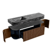 MONDIAZ THOR-DLUX 150cm meuble de salle de bains arrondi gauche + droite couleur Walnut avec 1 tiroir et 2 portes. Vasque suspendue CLOUD gauche sans trou de robinet couleur Lava. SW1464661