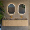 MONDIAZ KURVE-DLUX meuble de salle de bains 165cm arrondi à gauche couleur chêne avec 2 tiroirs et 1 porte. Lavabo STOR SMALL Double / Droite 2 trous de robinet Sombra. SW1433609