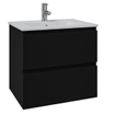 Saniclass Chaci Ensemble meuble de salle de bains - 60x46x55cm - lavabo en céramique blanc - 1 vasque - 1 trou de robinet - 2 tiroirs - miroir rond avec éclairage - noir mat SW816208