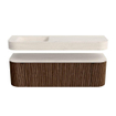 MONDIAZ THOR-DLUX 150cm badmeubel ronding links + rechts kleur Walnut met 1 lade en 2 deuren. Vrijhangende wastafel CLOUD Links 1 kraangat kleur Meli. SW1464763