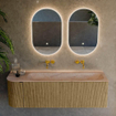 MONDIAZ KURVE-DLUX Meuble de salle de bains 145cm arrondi à gauche couleur Dusk avec 1 tiroir et 1 porte. Lavabo BIG LARGE à droite sans trou de robinet Saba. SW1433364
