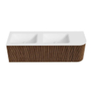 MONDIAZ KURVE 145cm Meuble salle de bain avec module 25 D - couleur Walnut - 1 tiroir - 1 porte - vasque CLOUD double / gauche - 2 trous de robinet - Talc SW1138309