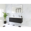 HR Matrix ensemble meuble de salle de bain 3d 120cm 2 tiroirs sans poignée avec bandeau couleur noir mat avec vasque fine double 2 trous de robinetterie blanc mat SW857087