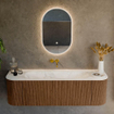 MONDIAZ KURVE-DLUX 150cm Meuble salle de bain avec module 25 G et D - couleur Walnut - 1 tiroir - 2 portes - vasque BIG MEDIUM centre - sans trou de robinet - couleur Ostra SW1137837