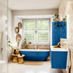 Mondiaz VICA ensemble de meuble de salle de bain - 140cm - meuble sous-vasque jeans - 4 tiroirs - lavabo moon droite - sans trous de robinet - couleur talc - miroir LED - version XL 60cm de haut SW1092169