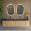 MONDIAZ KURVE-DLUX Meuble de salle de bains 180cm avec module 25 Len R couleur Chêne avec 2 tiroirs et 2 portes. Lavabo LEAF double 2 trous de robinet couleur Lava. SW1137229