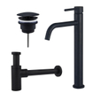Fortifura Calvi Slim Wastafelkraanset - verhoogde wastafelkraan - always open plug - design sifon - Mat zwart SW911744