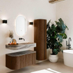 MONDIAZ THOR-DLUX 100cm meuble de salle de bains arrondi gauche + droite couleur Walnut avec 1 tiroir et 2 portes. Vasque suspendue CLOUD Droite sans trou de robinet couleur Sombra. SW1467614