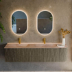 MONDIAZ KURVE-DLUX meuble de salle de bains 175cm arrondi droit couleur Shadow avec 2 tiroirs et 1 porte. Lavabo STOR SMALL double / gauche 2 trous de robinet Saba. SW1433300