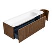 MONDIAZ KURVE 145cm Meuble salle de bain avec module 25 D - couleur Walnut - 1 tiroir - 1 porte - vasque BIG LARGE gauche - 1 trou de robinet - Talc SW1138296