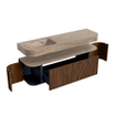 MONDIAZ THOR-DLUX 160cm badmeubel ronding links + rechts kleur Walnut met 1 lade en 2 deuren. Vrijhangende wastafel CLOUD Links zonder kraangat kleur Arena. SW1465145