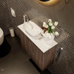 Mondiaz Fowy Meuble de toilette - 60x50x23cm - marron foncé mat - 1 trou de robinet - lavabo à gauche - 2 portes - solid surface - plan Mélamine - lavabo : blanc SW761380