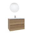 Saniclass Chaci Ensemble meuble de salle de bains - 80x46x55cm - lavabo en céramique blanc - 1 vasque - 1 trou de robinet - 2 tiroirs - miroir rond avec éclairage - chêne SW816262