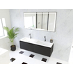 HR Matrix ensemble meuble de salle de bain 3d 140cm 2 tiroirs sans poignée avec bandeau couleur noir mat avec vasque fine 2 trous de robinetterie blanc mat SW857134