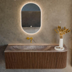MONDIAZ KURVE-DLUX meuble de salle de bains 135cm arrondi droit couleur noyer avec 1 tiroir et 1 porte. Vasque BIG MEDIUM gauche sans trou de robinet Oza. SW1432445