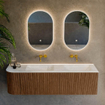 MONDIAZ KURVE-DLUX 155cm Meuble salle de bain avec module 25 G - couleur Walnut - 2 tiroirs - 1 porte - vasque LEAF double / droite - sans trou de robinet - couleur Opalo SW1137676