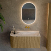 MONDIAZ KURVE-DLUX Meuble de salle de bains 95cm arrondi à gauche couleur Dusk avec 1 tiroir et 1 porte. Lavabo BIG SMALL à droite sans trou de robinet Nata. SW1432363
