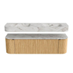 MONDIAZ THOR-DLUX 160cm badmeubel ronding links + rechts kleur Oak met 1 lade en 2 deuren. Vrijhangende wastafel CLOUD Dubbel zonder kraangat kleur Glace. SW1465011