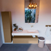 Mondiaz ALAN-DLUX Ensemble de meuble - 130cm - meuble - Oro mat - 1 tiroir - Lavabo Cloud Ostra suspendu - vasque droite - 0 trous de robinet - Beige SW807790