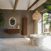 MONDIAZ KURVE-DLUX meuble de salle de bain 105cm courbe à droite couleur noyer avec 1 tiroir et 1 porte. Lavabo BIG SMALL à gauche 1 trou de robinet Saba. SW1433166