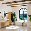 MONDIAZ THOR-DLUX 110cm badmeubel ronding links + rechts kleur Oak met 1 lade en 2 deuren. Vrijhangende wastafel CLOUD Rechts zonder kraangat kleur Ostra. SW1462738