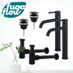 FugaFlow Eccelente Sobrado Kit robinet lavabo - pour double vasque - robinet rehaussé - bonde clic clac - siphon design bas - Noir mat SW1124269