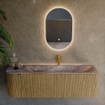 MONDIAZ KURVE-DLUX meuble de salle de bains 145cm arrondi à gauche couleur Dusk avec 1 tiroir et 1 porte. Lavabo BIG LARGE à droite 1 trou de robinet Oza. SW1433005
