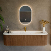 MONDIAZ KURVE-DLUX 160cm Meuble salle de bain avec module 25 G et D - couleur Walnut - 1 tiroir - 2 portes - vasque BIG MEDIUM centre - 1 trou de robinet - couleur Ostra SW1137861