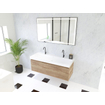 HR Matrix ensemble meuble de salle de bain 3d 120cm 1 tiroir sans poignée avec bandeau en couleur chêne français avec vasque juste 2 trous de robinetterie blanc SW857122