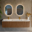 MONDIAZ KURVE-DLUX 175cm Meuble salle de bain avec module 25 D - couleur Walnut - 2 tiroirs - 1 porte - vasque STOR SMALL double / gauche - 2 trous de robinet - couleur Glace SW1138117