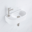 QeramiQ Fuente Ensemble de lavabo - 40x21.5x12cm - gauche - nervuré - demi-rond - 1 trou de robinet - céramique - robinet de lave-mains en acier inoxydable brossé - bonde - siphon abaissé - blanc brillant SW1233014