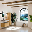 MONDIAZ THOR-DLUX 100cm meuble de salle de bains arrondi gauche + droite couleur Oak avec 1 tiroir et 2 portes. Vasque suspendue CLOUD Gauche 1 trou de robinet couleur Sombra. SW1467611