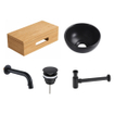 Royal Plaza Terra Planche pour lave-mains - 40x25x10cm - avec porte-serviettes - vasque à poser noir mate - robinet de lave-mains noir mat - bonde - siphon - sandwood (chêne clair) SW1574577
