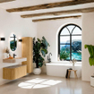 MONDIAZ THOR-DLUX 100cm badmeubel ronding links + rechts kleur Oak met 1 lade en 2 deuren. Vrijhangende wastafel CLOUD Rechts 1 kraangat kleur Saba. SW1467556
