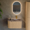 MONDIAZ KURVE-DLUX Meuble de salle de bains 75cm arrondi à gauche couleur Oak avec 1 tiroir et 1 porte. Lavabo GRUNNE à droite 1 trou de robinet Sombra. SW1433531