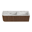 MONDIAZ KURVE-DLUX 145cm Meuble salle de bain avec module 25 G - couleur Walnut - 1 tiroir - 1 porte - vasque LEAF double / droite - sans trou de robinet - couleur Glace SW1138062