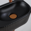 QeramiQ Fuente Ensemble de Lavabo - 40x21.5x12cm - strié - demi-rond - céramique - ensemble de robinet en cuivre brossé - bouchon de vidange - siphon abaissé - noir mat SW1233128