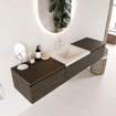 Mondiaz bukla ensemble de meubles de salle de bain 180x45x34cm 1 trou pour robinetterie lavabo milieu surface solide talc sans poignée 3 tiroirs avec softclose mélamine marron foncé SW704893