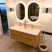 Mondiaz CIRO-DLUX Meuble de salle de bains set - 130x45x50cm - Plan vasque solid surface Meli - 2 vasques double - 2 trous de robinetterie - 4 tiroirs - Chêne SW1531121