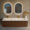MONDIAZ KURVE 155cm Meuble salle de bain avec module 25 D - couleur Walnut - 2 tiroirs - 1 porte - vasque CLOUD double / gauche - 2 trous de robinet - Talc SW1138306