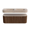 MONDIAZ THOR-DLUX 130cm badmeubel ronding links + rechts kleur Walnut met 1 lade en 2 deuren. Vrijhangende wastafel CLOUD Dubbel zonder kraangat kleur Saba. SW1464040