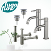 FugaFlow Eccelente Sobrado Slim Kit robinet lavabo - pour double vasque - robinet bas - bonde non-obturable - siphon design - Inox brossé PVD SW1124441