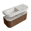 MONDIAZ THOR-DLUX 120cm badmeubel ronding links + rechts kleur Walnut met 1 lade en 2 deuren. Vrijhangende wastafel CLOUD Links 1 kraangat kleur Glace. SW1463195