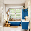 Mondiaz VICA ensemble de meuble de salle de bain - 150cm - meuble sous-vasque jeans - 4 tiroirs - lavabo moon double - sans trous de robinet - couleur talc - miroir LED - version XL 60cm de haut SW1092167