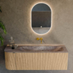 MONDIAZ KURVE-DLUX meuble de salle de bains 135cm arrondi gauche couleur chêne avec 1 tiroir et 1 porte. Lavabo BIG MEDIUM droit sans trou de robinetterie Oza. SW1432649