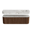 MONDIAZ THOR-DLUX 150cm badmeubel ronding links + rechts kleur Walnut met 1 lade en 2 deuren. Vrijhangende wastafel CLOUD Rechts 1 kraangat kleur Glace. SW1464659