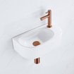 Fugaflow Efficiente Pietra Ensemble de fontaine - 40x21,5x12cm - droite - rainuré - demi-rond - 1 trou de robinet - céramique - robinet de fontaine cuivre brossé - bouchon de vidange - siphon abaissé - blanc brillant SW1442440
