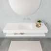 MONDIAZ ALAN 150cm - Ensemble meuble de salle de bains - solid surface - tablette avec lavabo suspendu - vasque au milieu - 0 trous de robinet - talc SW408737