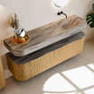 MONDIAZ THOR-DLUX 170cm badmeubel ronding links + rechts kleur Oak met 1 lade en 2 deuren. Vrijhangende wastafel CLOUD Rechts zonder kraangat kleur Oza. SW1465686